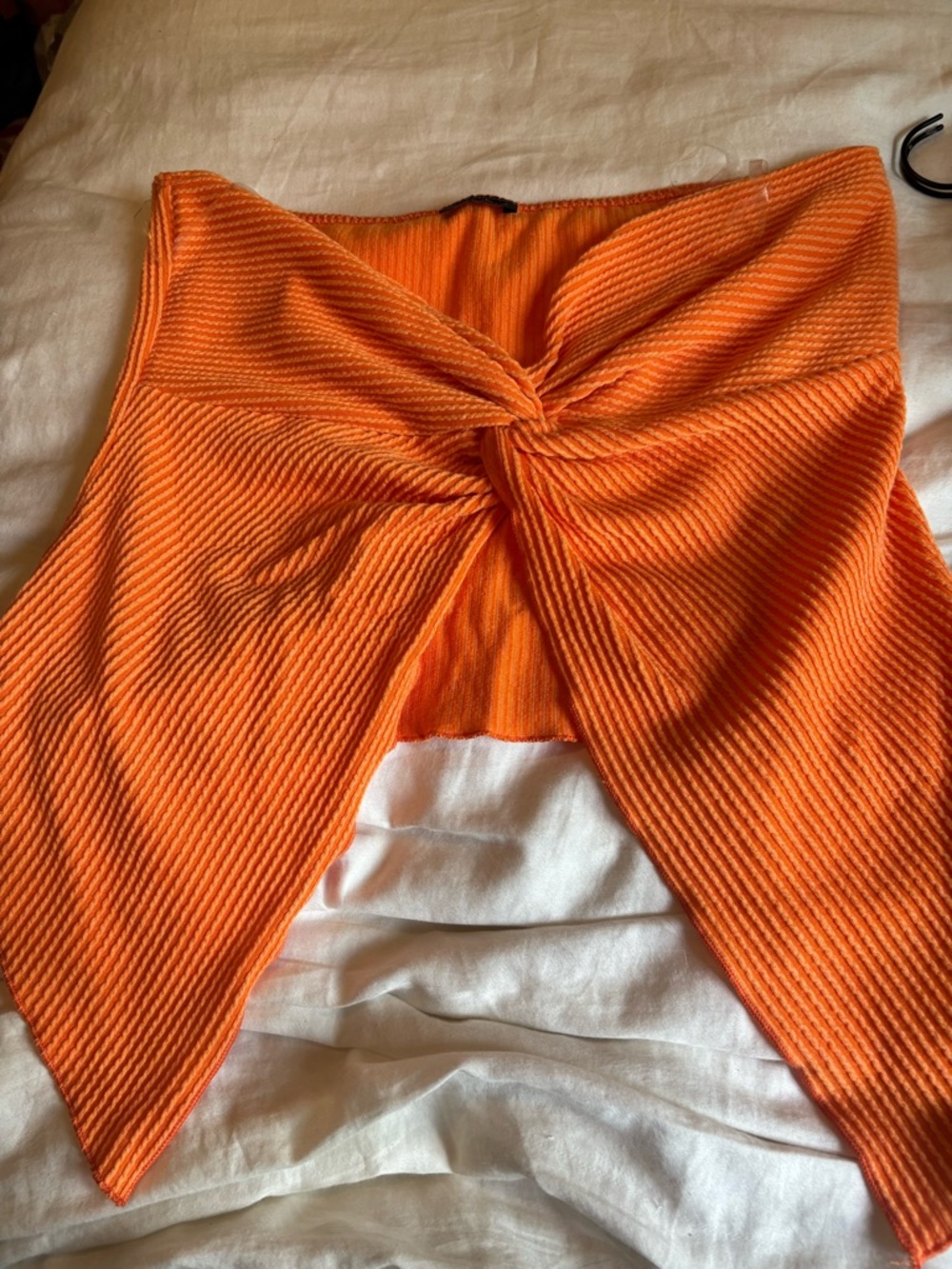 Zenobia Orange Ribbed Twist-Front Top